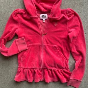 Y2K Barbiecore Juicy Couture Velour Hoodie with Ruffle Back Girls L
